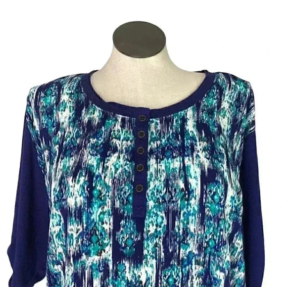 Bit & Bridle Top Women 3X Blue Geometric Cotton Blend Half Sleeve Pullover - Picture 2 of 6